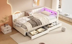 Enfant Fortuna lai Lit Simple 90x200cm, Canapé-Lit avec Tiroirs, USB, Éclairage Ambiant, Beige
