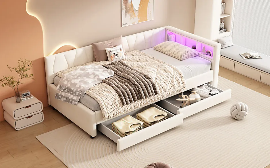 Enfant Fortuna lai Lit Simple 90x200cm, Canapé-Lit avec Tiroirs, USB, Éclairage Ambiant, Beige