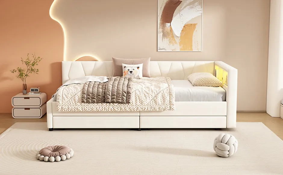 Enfant Fortuna lai Lit Simple 90x200cm, Canapé-Lit avec Tiroirs, USB, Éclairage Ambiant, Beige