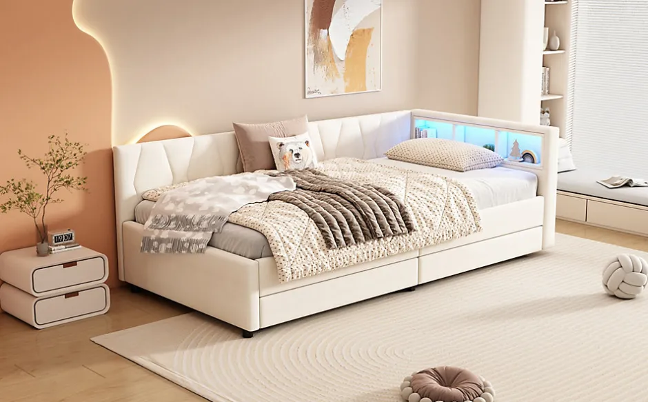 Enfant Fortuna lai Lit Simple 90x200cm, Canapé-Lit avec Tiroirs, USB, Éclairage Ambiant, Beige