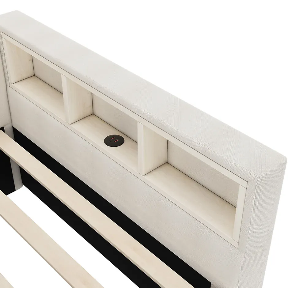 Enfant Fortuna lai Lit Simple 90x200cm, Canapé-Lit avec Tiroirs, USB, Éclairage Ambiant, Beige