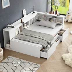 ModernLuxe Lit simple 90x200cm en bois massif - avec rangements multifonctions - Blanc Discount