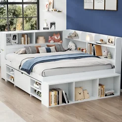 ModernLuxe Lit simple 140x190cm en MDF - Avec tiroirs et étagères - Bibliothèque amovible - Avec sommier à lattes - Blanc(sans matelas)