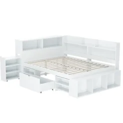 ModernLuxe Lit simple 140x190cm en MDF - Avec tiroirs et étagères - Bibliothèque amovible - Avec sommier à lattes - Blanc(sans matelas)