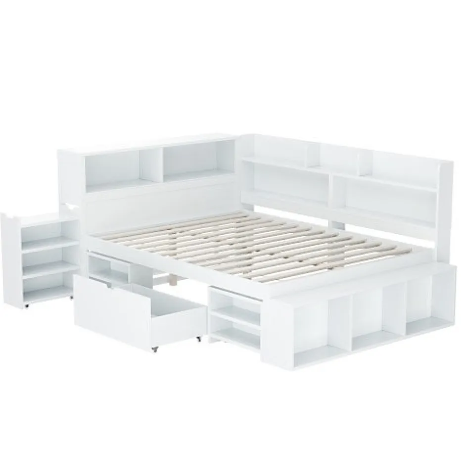 ModernLuxe Lit simple 140x190cm en MDF - Avec tiroirs et étagères - Bibliothèque amovible - Avec sommier à lattes - Blanc(sans matelas)