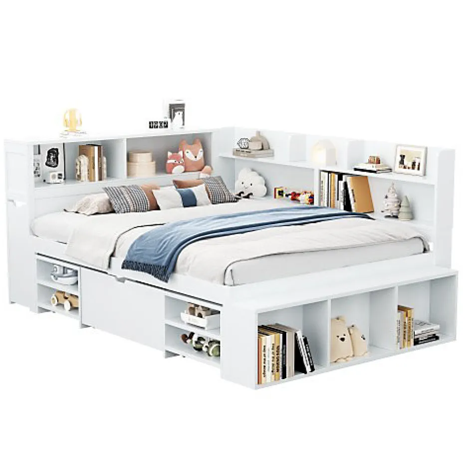 ModernLuxe Lit simple 140x190cm en MDF - Avec tiroirs et étagères - Bibliothèque amovible - Avec sommier à lattes - Blanc(sans matelas)