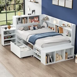 ModernLuxe Lit simple 90x200cm en MDF - Avec tiroirs et étagères - Bibliothèque amovible - Avec sommier à lattes - Blanc(sans matelas) Hot
