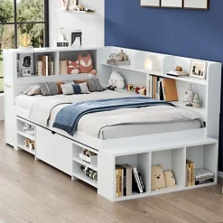 ModernLuxe Lit simple 90x200cm en MDF - Avec tiroirs et étagères - Bibliothèque amovible - Avec sommier à lattes - Blanc(sans matelas) Hot