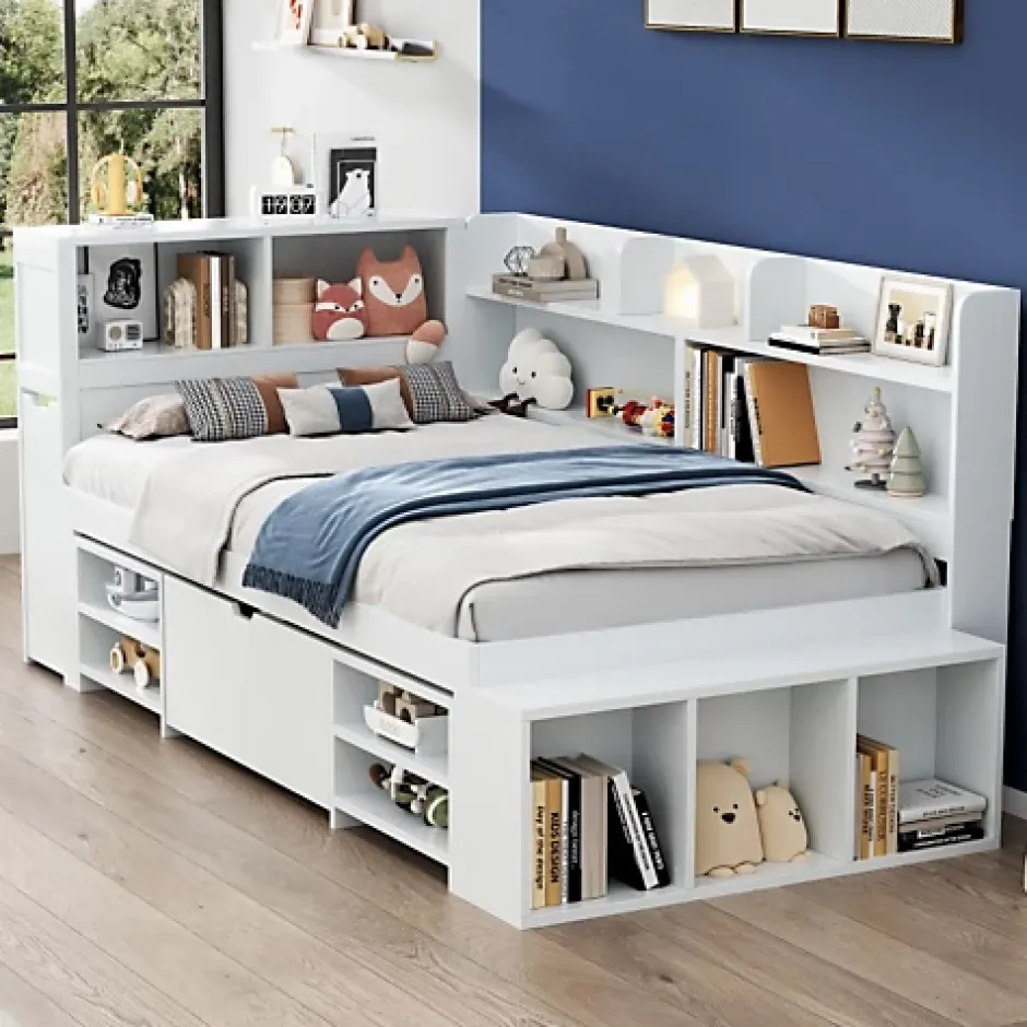 ModernLuxe Lit simple 90x190cm en MDF - Avec tiroirs et étagères - Bibliothèque amovible - Avec sommier à lattes - Blanc(sans matelas) Hot