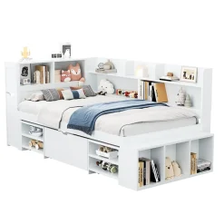 ModernLuxe Lit simple 90x190cm en MDF - Avec tiroirs et étagères - Bibliothèque amovible - Avec sommier à lattes - Blanc(sans matelas) Hot
