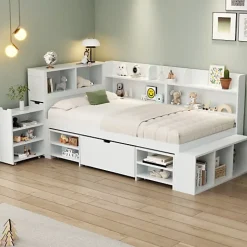 ModernLuxe Lit simple 90x190cm en MDF - Avec tiroirs et étagères - Bibliothèque amovible - Avec sommier à lattes - Blanc(sans matelas) Hot