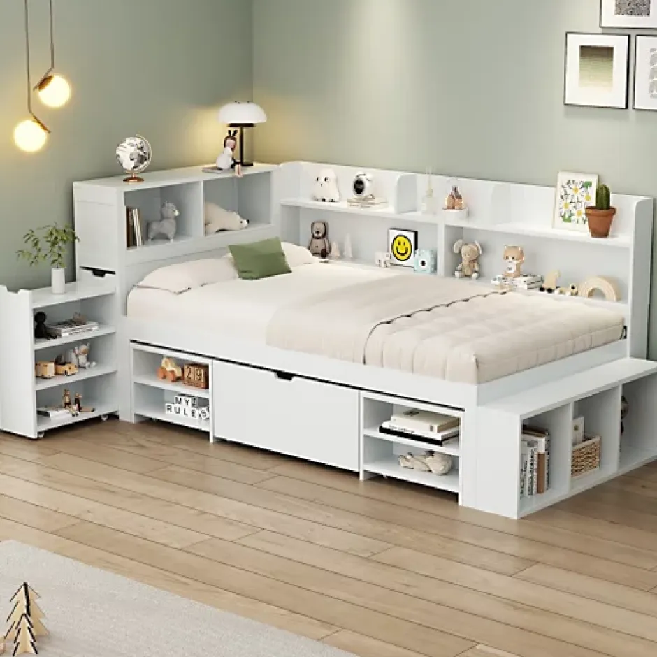 ModernLuxe Lit simple 90x190cm en MDF - Avec tiroirs et étagères - Bibliothèque amovible - Avec sommier à lattes - Blanc(sans matelas) Hot