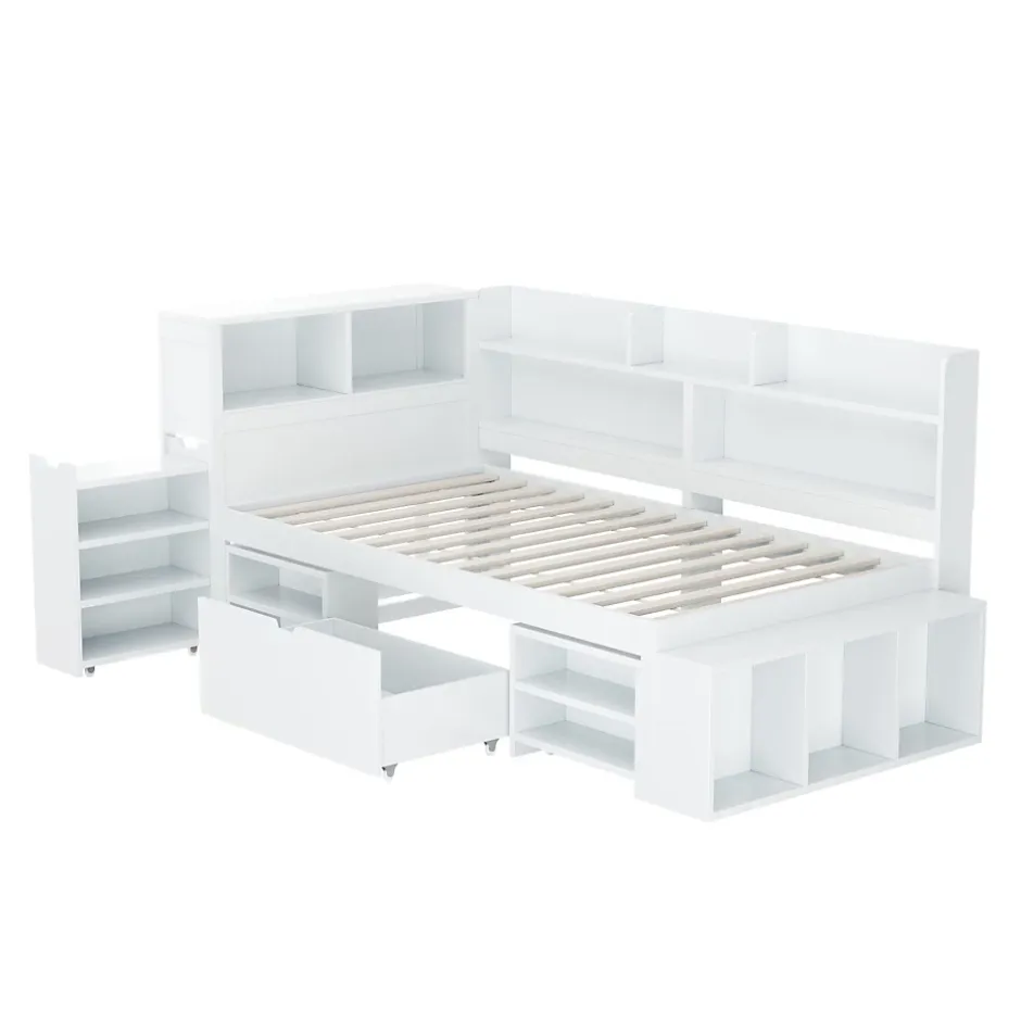 ModernLuxe Lit simple 90x190cm en MDF - Avec tiroirs et étagères - Bibliothèque amovible - Avec sommier à lattes - Blanc(sans matelas) Hot