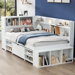 ModernLuxe Lit simple 90x190cm en MDF - Avec tiroirs et étagères - Bibliothèque amovible - Avec sommier à lattes - Blanc(sans matelas) Hot