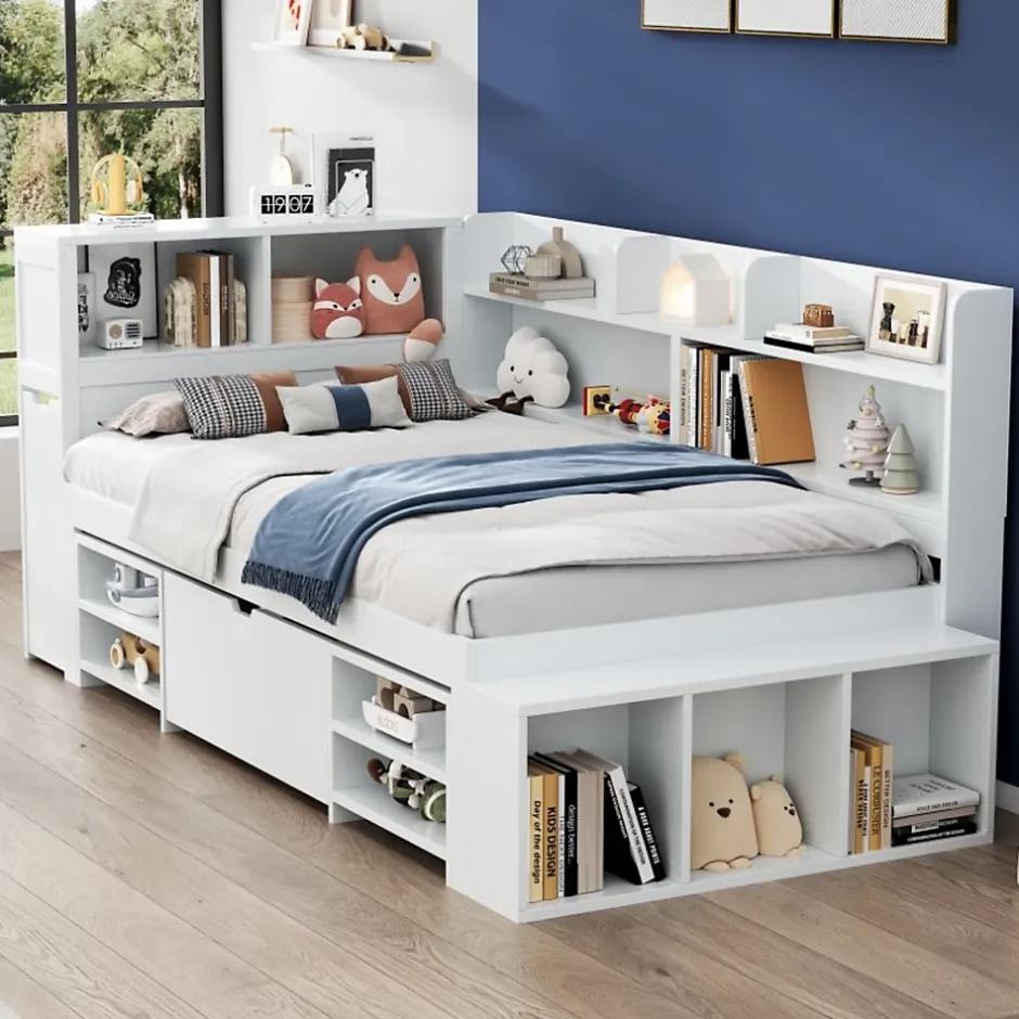ModernLuxe Lit simple 90x190cm en MDF - Avec tiroirs et étagères - Bibliothèque amovible - Avec sommier à lattes - Blanc(sans matelas) Hot
