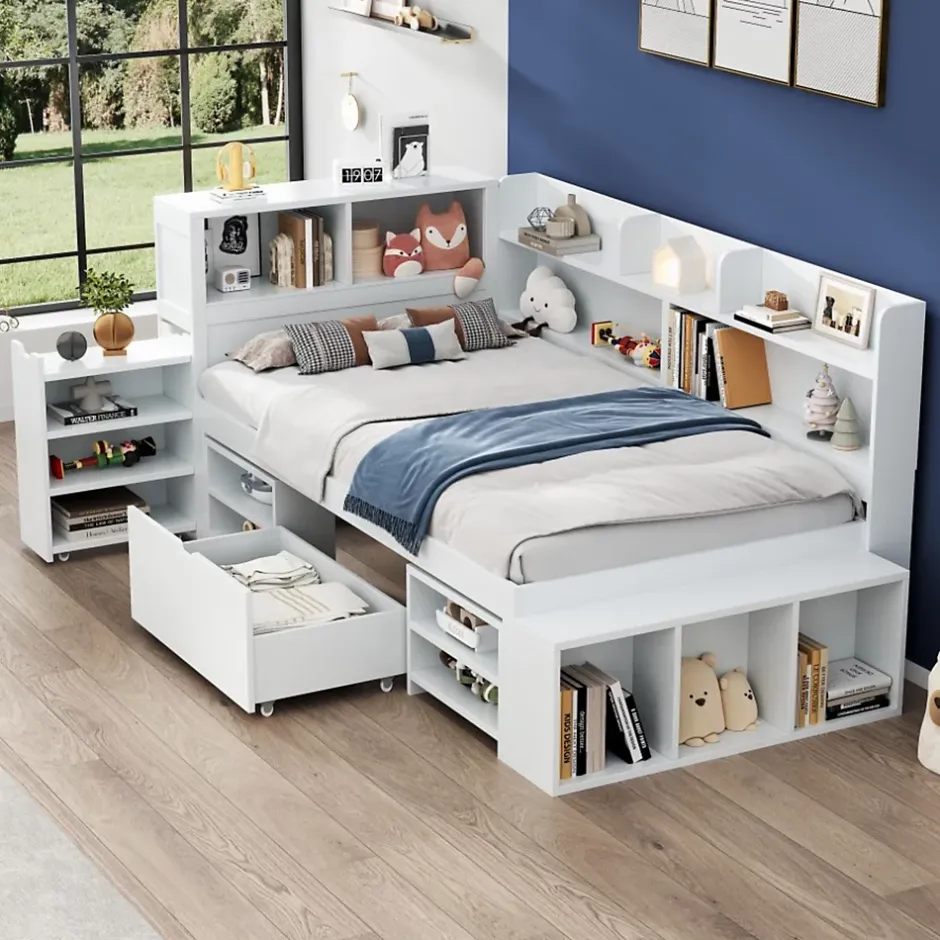 ModernLuxe Lit simple 90x190cm en MDF - Avec tiroirs et étagères - Bibliothèque amovible - Avec sommier à lattes - Blanc(sans matelas) Hot