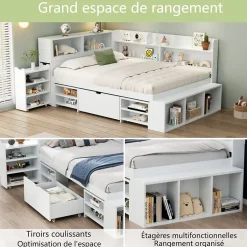 ModernLuxe Lit simple 90x190cm en MDF - Avec tiroirs et étagères - Bibliothèque amovible - Avec sommier à lattes - Blanc(sans matelas) Hot