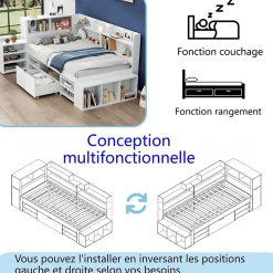 ModernLuxe Lit simple 90x190cm en MDF - Avec tiroirs et étagères - Bibliothèque amovible - Avec sommier à lattes - Blanc(sans matelas) Hot