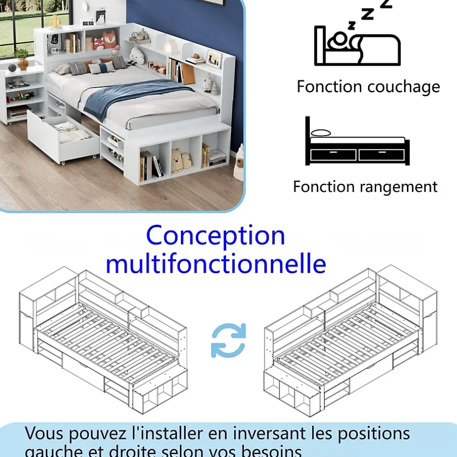 ModernLuxe Lit simple 90x190cm en MDF - Avec tiroirs et étagères - Bibliothèque amovible - Avec sommier à lattes - Blanc(sans matelas) Hot