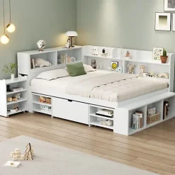 ModernLuxe Lit simple 140x200cm en MDF - Avec tiroirs et étagères - Bibliothèque amovible - Avec sommier à lattes - Blanc(sans matelas)