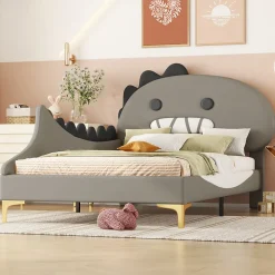 ProximaX Lit simple-Lit pour enfant 90 x 200 cm, forme de dinosaure de dessin animé, lit plat, matériau PU, gris Outlet