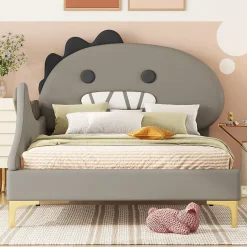 ProximaX Lit simple-Lit pour enfant 90 x 200 cm, forme de dinosaure de dessin animé, lit plat, matériau PU, gris Outlet
