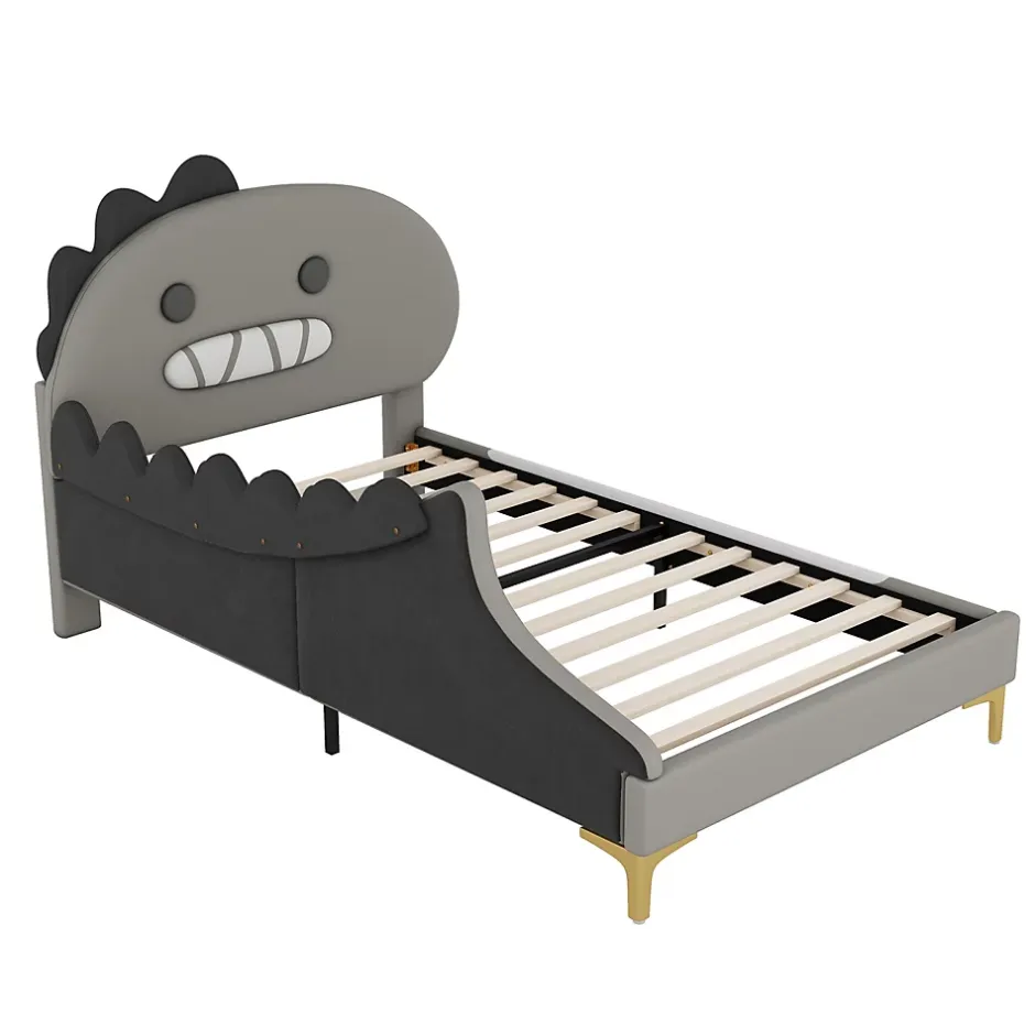 ProximaX Lit simple-Lit pour enfant 90 x 200 cm, forme de dinosaure de dessin animé, lit plat, matériau PU, gris Outlet