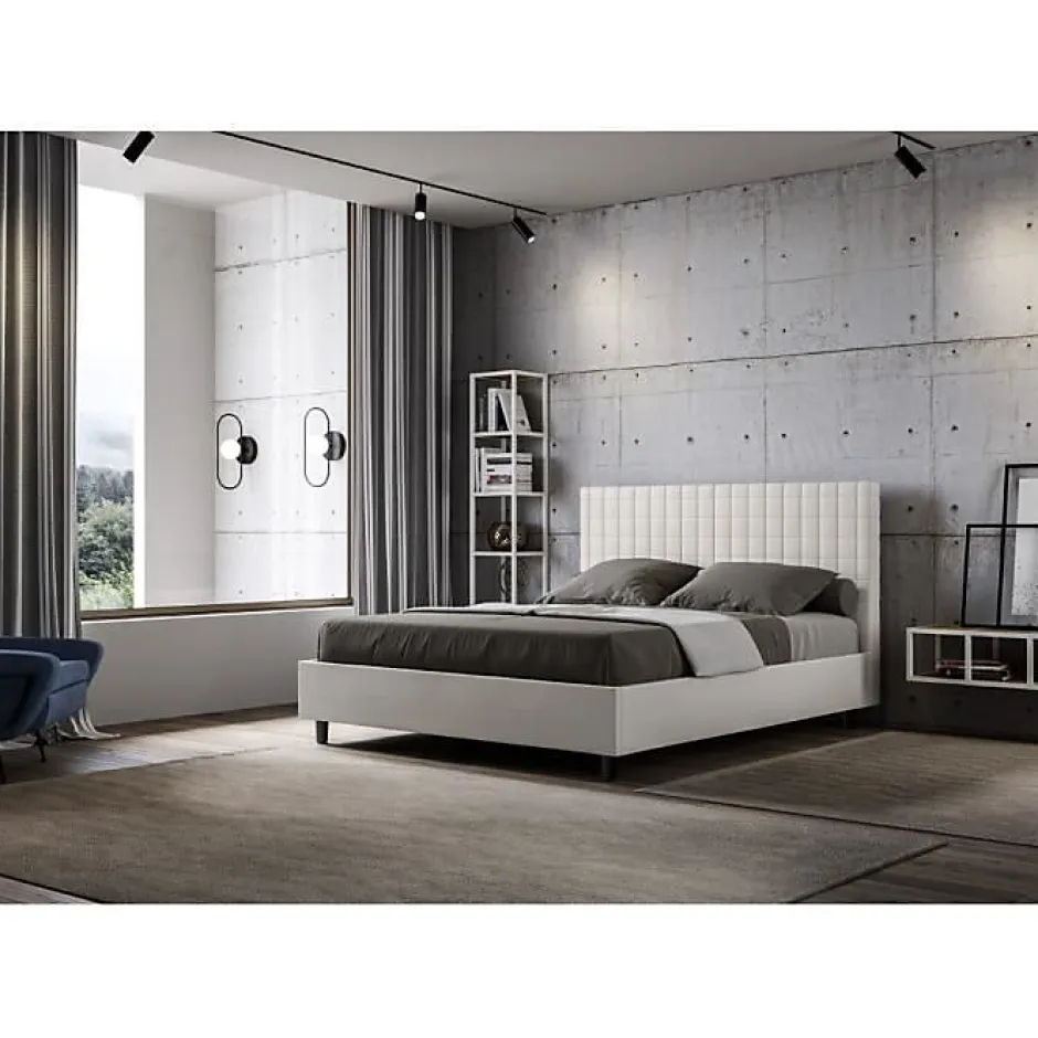 Ityhome Lit Sunny en simili cuir blanc avec sommier tapissé 160x200