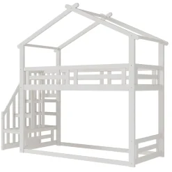 Okwish Lit Superposé - Lit enfant 90x200 cm avec Toît et Escalier Sécurisé, Cadre Bois Massif et Lattes Solides, Couleur Blanc