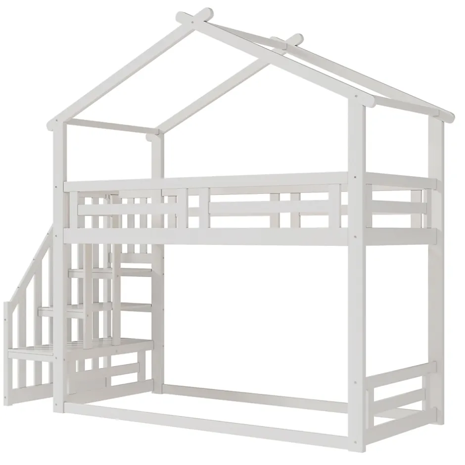 Okwish Lit Superposé - Lit enfant 90x200 cm avec Toît et Escalier Sécurisé, Cadre Bois Massif et Lattes Solides, Couleur Blanc