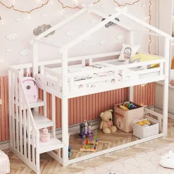 Okwish Lit Superposé - Lit enfant 90x200 cm avec Toît et Escalier Sécurisé, Cadre Bois Massif et Lattes Solides, Couleur Blanc