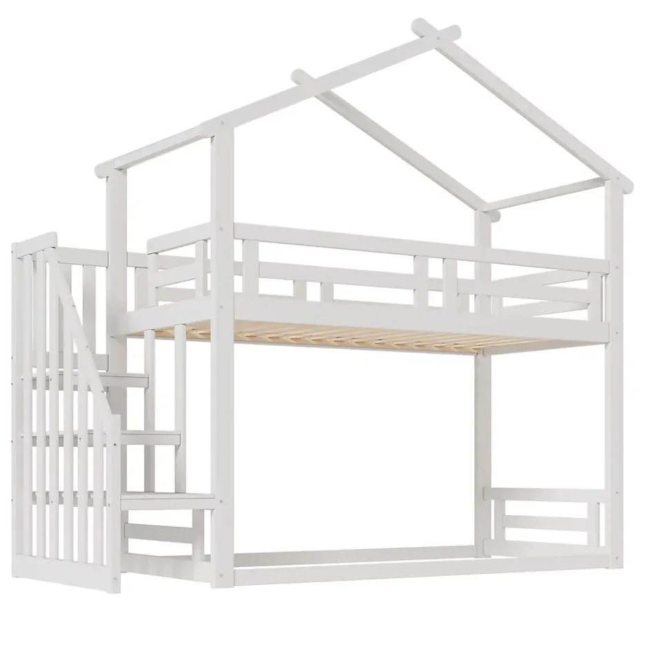 Okwish Lit Superposé - Lit enfant 90x200 cm avec Toît et Escalier Sécurisé, Cadre Bois Massif et Lattes Solides, Couleur Blanc