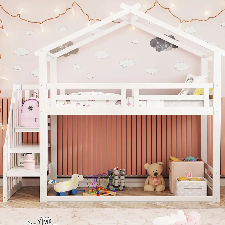 Okwish Lit Superposé - Lit enfant 90x200 cm avec Toît et Escalier Sécurisé, Cadre Bois Massif et Lattes Solides, Couleur Blanc