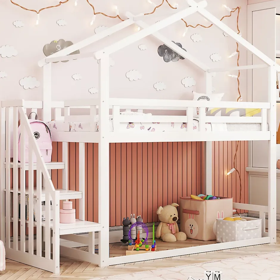 Okwish Lit Superposé - Lit enfant 90x200 cm avec Toît et Escalier Sécurisé, Cadre Bois Massif et Lattes Solides, Couleur Blanc