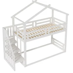 Okwish Lit Superposé - Lit enfant 90x200 cm avec Toît et Escalier Sécurisé, Cadre Bois Massif et Lattes Solides, Couleur Blanc