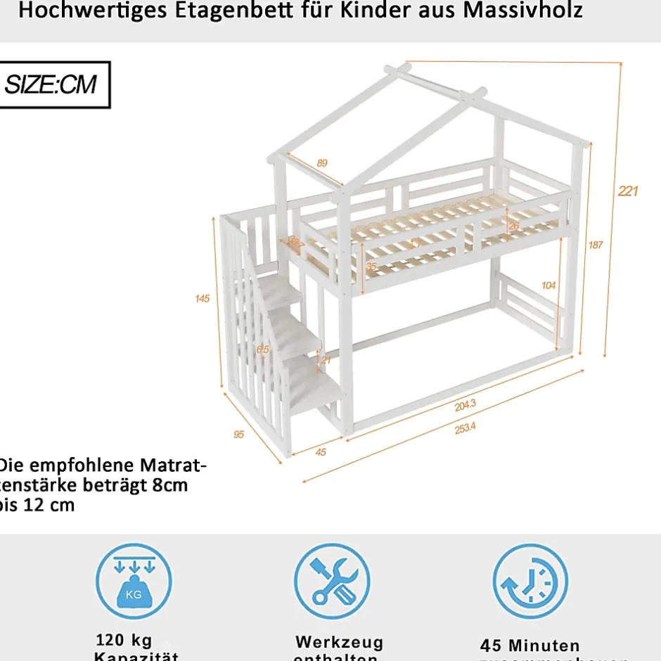Okwish Lit Superposé - Lit enfant 90x200 cm avec Toît et Escalier Sécurisé, Cadre Bois Massif et Lattes Solides, Couleur Blanc