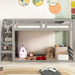 Enfant Okwish Lit Superposé - Lit enfant 90x200 cm avec Toît, Escalier Sécurisé et Structure Solide, Bois Massif et MDF, Couleur Gris