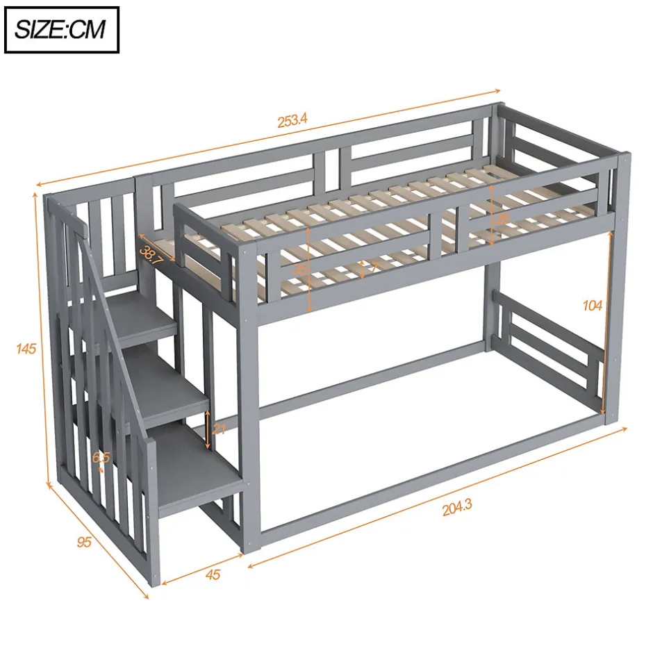 Enfant Okwish Lit Superposé - Lit enfant 90x200 cm avec Toît, Escalier Sécurisé et Structure Solide, Bois Massif et MDF, Couleur Gris