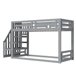 Enfant Okwish Lit Superposé - Lit enfant 90x200 cm avec Toît, Escalier Sécurisé et Structure Solide, Bois Massif et MDF, Couleur Gris