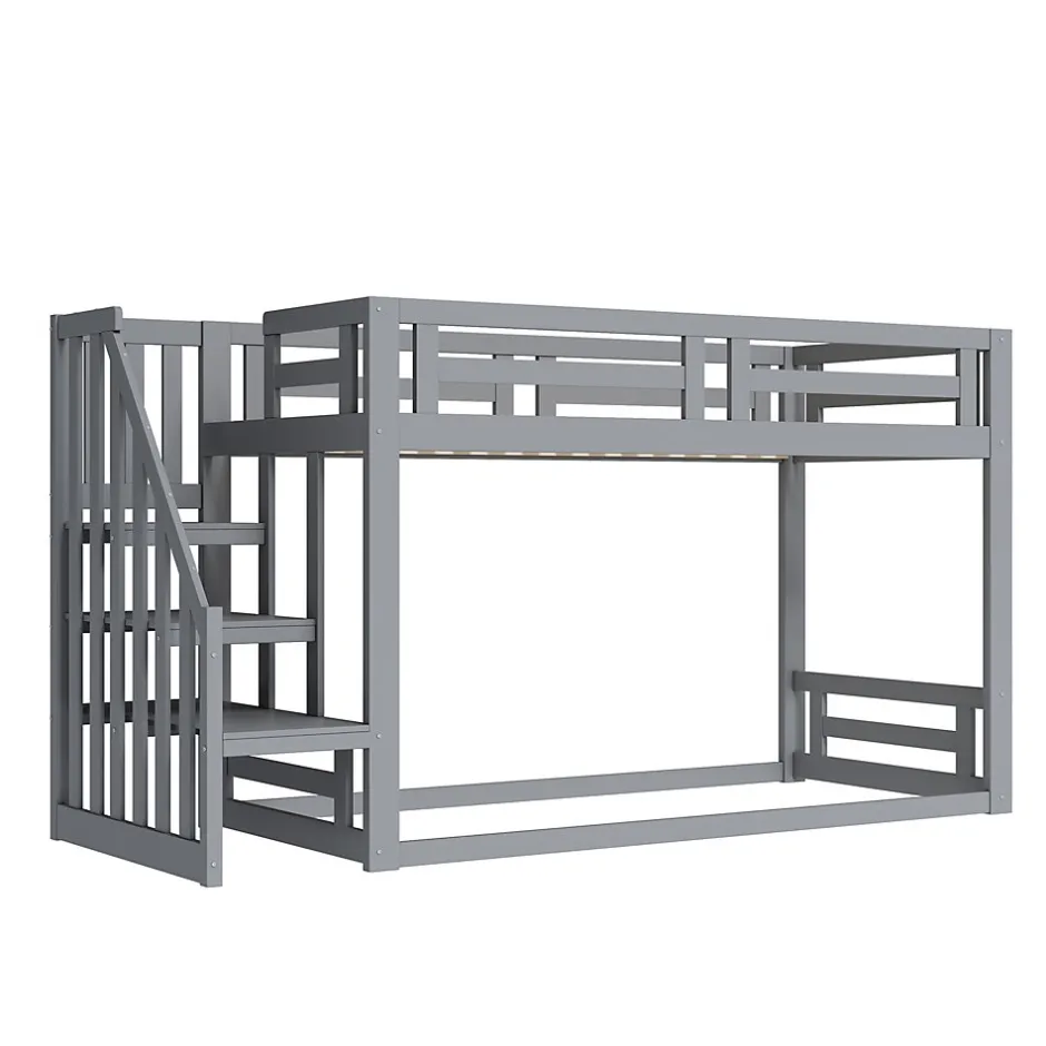 Enfant Okwish Lit Superposé - Lit enfant 90x200 cm avec Toît, Escalier Sécurisé et Structure Solide, Bois Massif et MDF, Couleur Gris