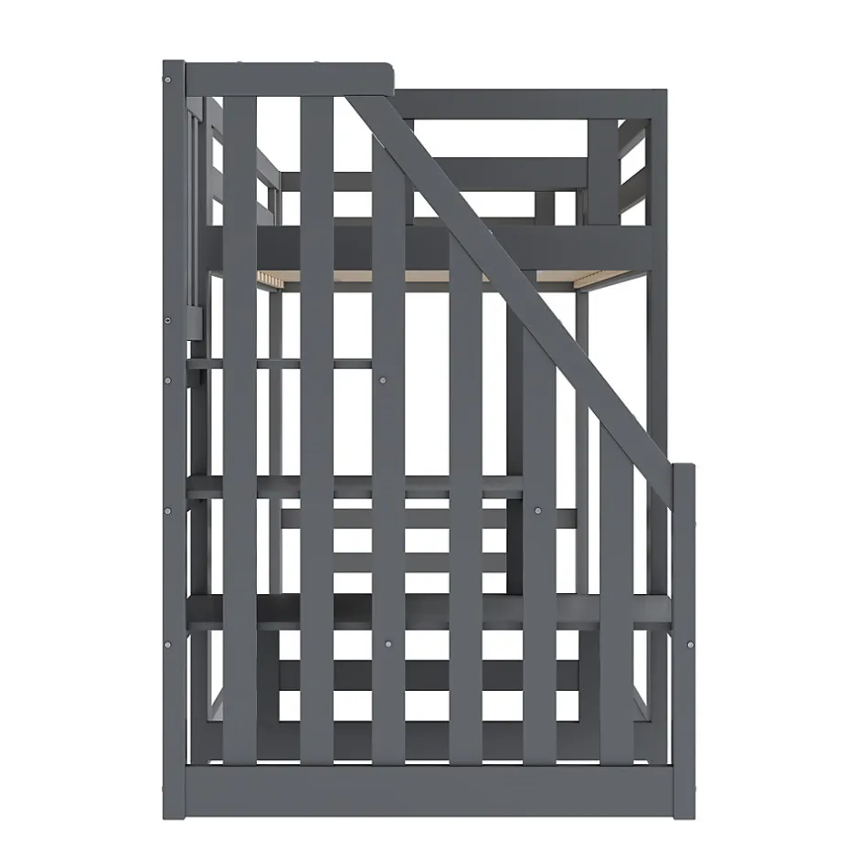 Enfant Okwish Lit Superposé - Lit enfant 90x200 cm avec Toît, Escalier Sécurisé et Structure Solide, Bois Massif et MDF, Couleur Gris