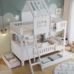 Enfant Redom Lit superposé 2 tiroirs roulettes toit fenêtres décoratifs table lecture panier pin MDF contreplaqué blanc 90x200