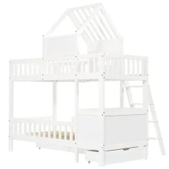Enfant Redom Lit superposé 2 tiroirs roulettes toit fenêtres décoratifs table lecture panier pin MDF contreplaqué blanc 90x200