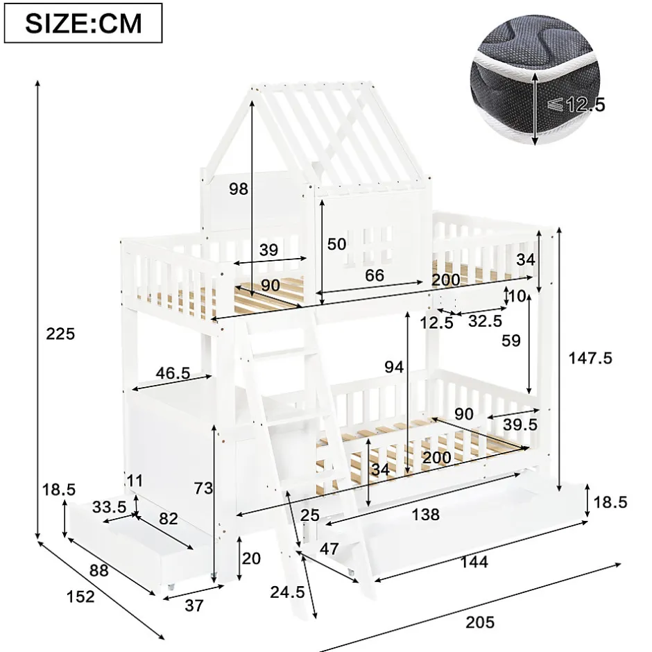 Enfant Redom Lit superposé 2 tiroirs roulettes toit fenêtres décoratifs table lecture panier pin MDF contreplaqué blanc 90x200