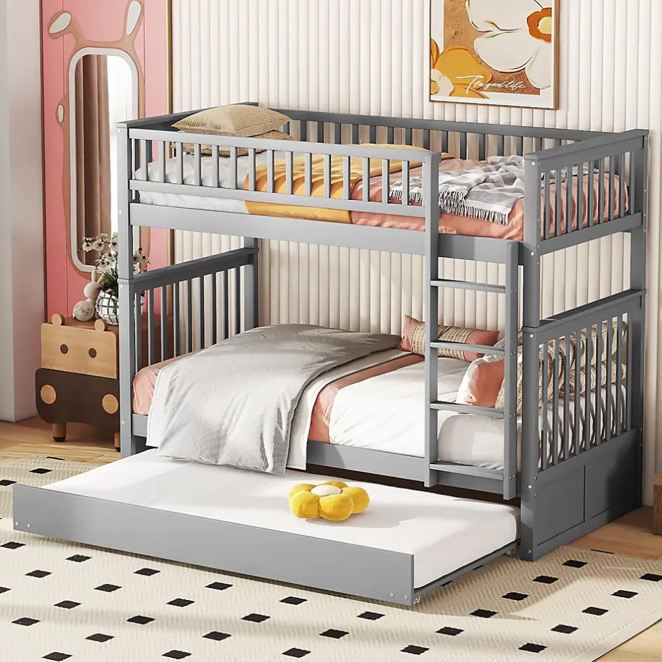 Okwish Lit Superposé 90 x 200 cm - Lit Gigogne avec Escalier - Pin + MDF - Sans Matelas - Gris
