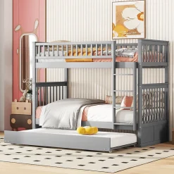 Okwish Lit Superposé 90 x 200 cm - Lit Gigogne avec Escalier - Pin + MDF - Sans Matelas - Gris