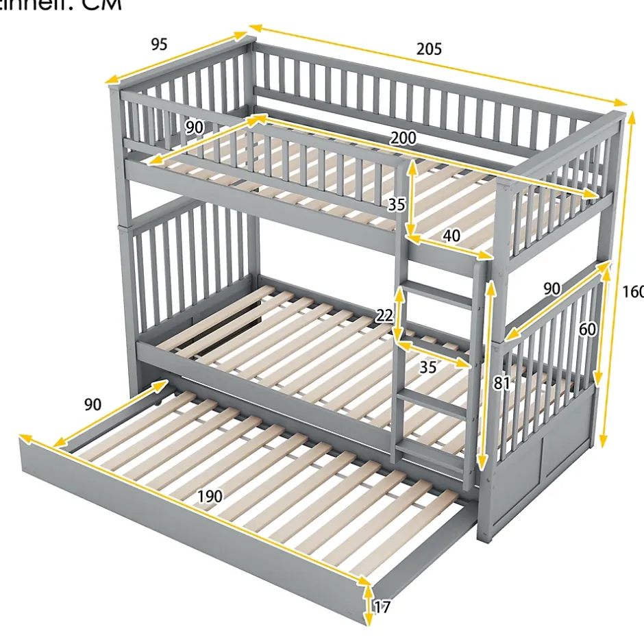Okwish Lit Superposé 90 x 200 cm - Lit Gigogne avec Escalier - Pin + MDF - Sans Matelas - Gris
