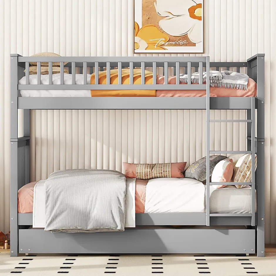 Okwish Lit Superposé 90 x 200 cm - Lit Gigogne avec Escalier - Pin + MDF - Sans Matelas - Gris