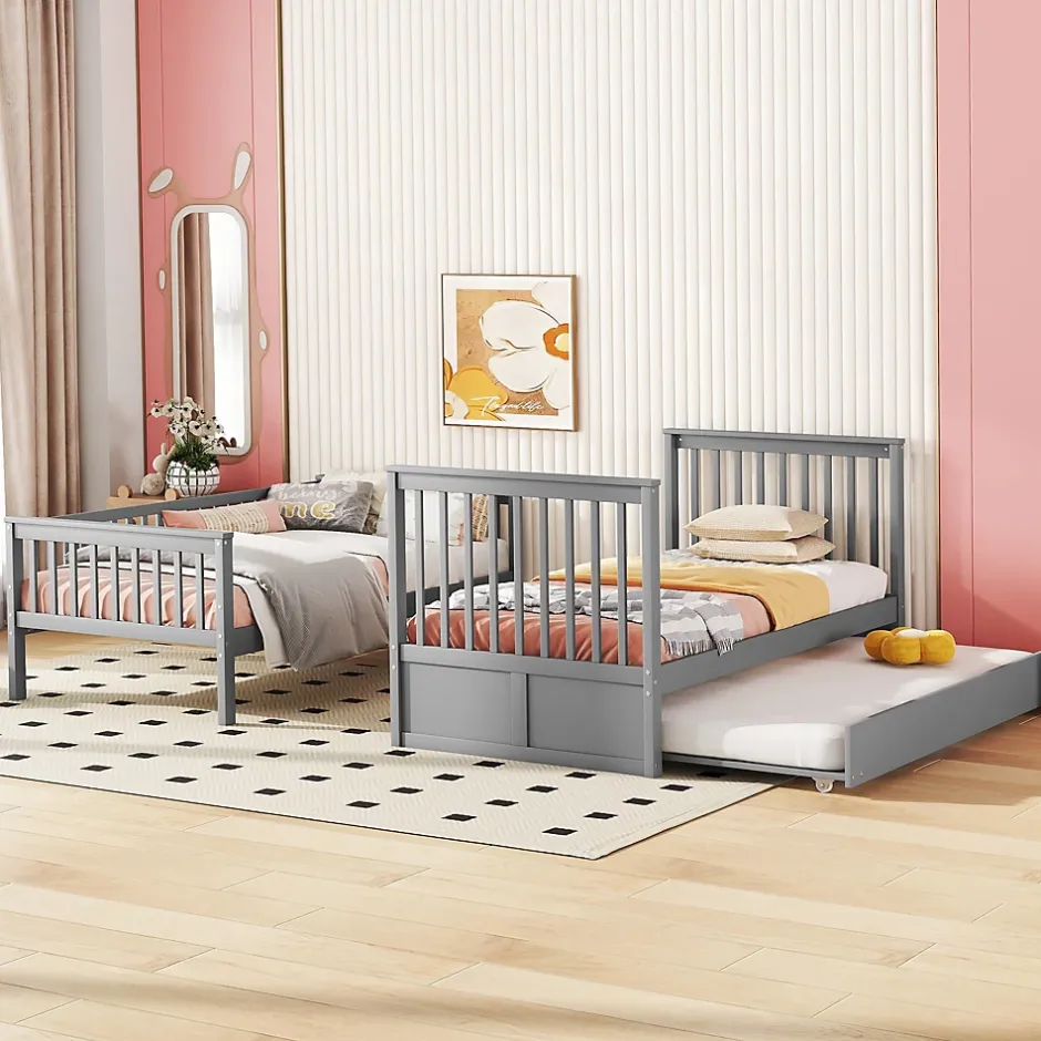 Okwish Lit Superposé 90 x 200 cm - Lit Gigogne avec Escalier - Pin + MDF - Sans Matelas - Gris