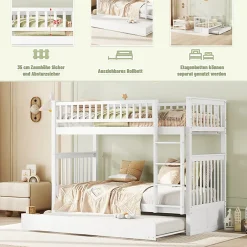 Enfant Okwish Lit Superposé 90 x 200 cm - Lit Gigogne avec Escalier - Pin + MDF - Sans Matelas - Blanc